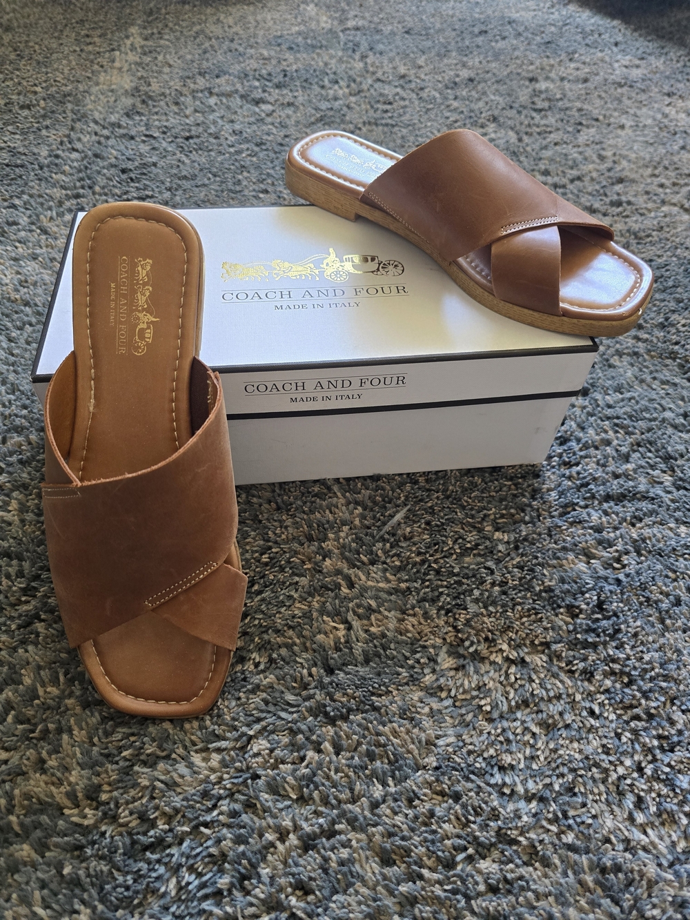 Coach and Four Women's Tan Leather Slide Sandals.